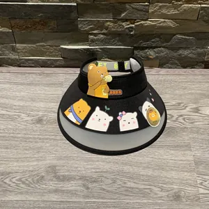 Close-up of children's sun visor with UPF50+ label and cute cartoon bear patches