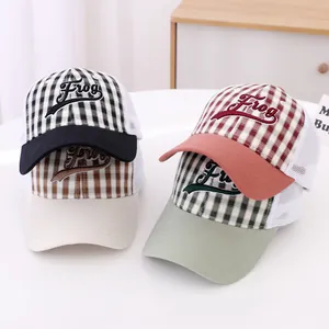 Detail of four checkered mesh baseball caps with Frog 3D embroidery and breathable mesh