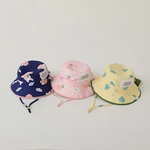 Detail of cute rabbit print sun hats with adjustable windproof straps for kids