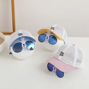 Kids breathable mesh baseball cap with flip-up sunglasses and M embroidery in three colors
