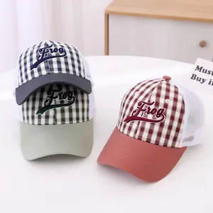 Mesh back baseball caps with Frog embroidery in blue, green and red plaid colors