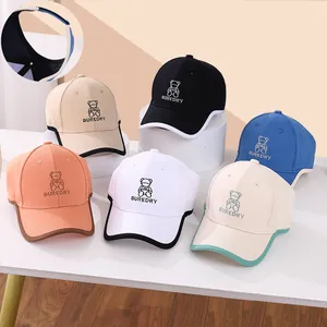 Detail of breathable mesh lining and cute bear embroidery on kids baseball sun hats