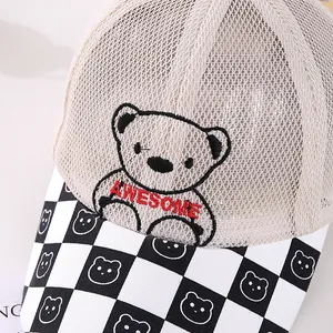 Breathable baby mesh baseball cap with cartoon bear embroidery and checkered visor