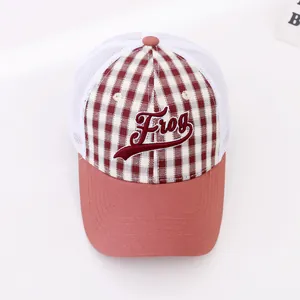 Kids breathable mesh trucker hat with red checkered front and Frog embroidery