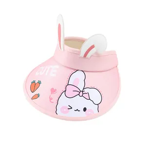 Pink cartoon bunny open top sun hat for kids with rabbit ears and cute carrot patterns