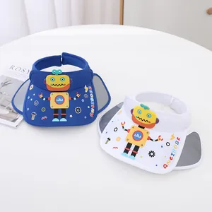 Detail of adjustable kids sun visor with retractable side shields and cartoon robots
