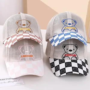 Kids Baby Mesh Baseball Cap Breathable Summer Sun Hat Cartoon Bear Embroidery Checkerboard Pattern Adjustable Outdoor Trucker Hat