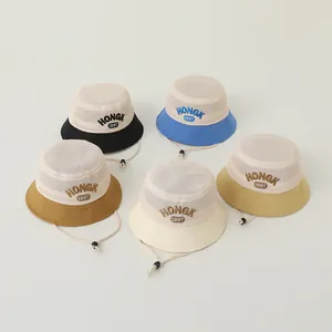 Breathable mesh kids bucket hats with HONGK 1997 embroidery in five assorted colors
