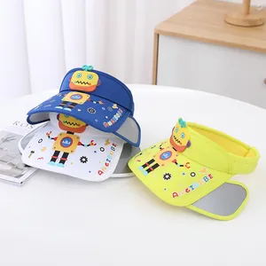 Detail of children's cartoon robot sun visors in blue, white, and yellow for summer