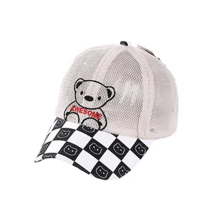 Mesh baby baseball cap with bear embroidery and checkered brim for summer sun protection