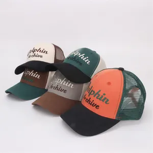 Detailed grid showing multi-color mesh trucker hats with Dolphin Archive embroidery