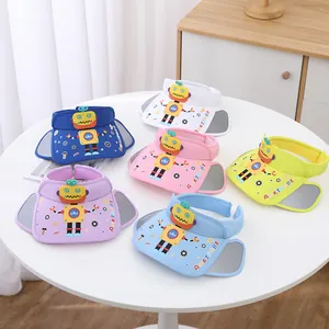 Detail view of colorful kids sun visors with cartoon robot design and retractable brims