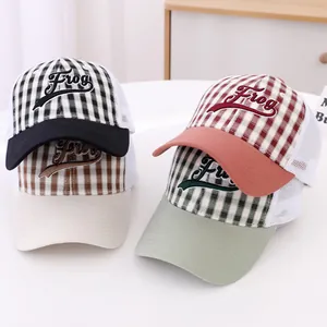 Kids Gingham Checkered Trucker Hat Frog Embroidery Mesh Baseball Cap Breathable Sun Hat For Boys Girls Toddler Outdoor