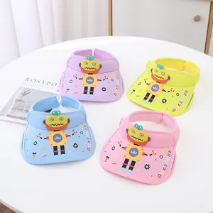 Kids summer sun visor hats with cartoon robot design in purple, yellow, blue, and pink