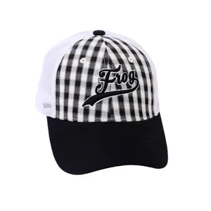 Breathable kids baseball cap with black white checkered front and Frog embroidery