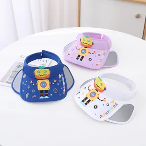 Detail of kids sun visor with cartoon robot patch and retractable eye shield