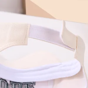 Detail of adjustable Velcro strap and embroidered letters on beige sun visor cap