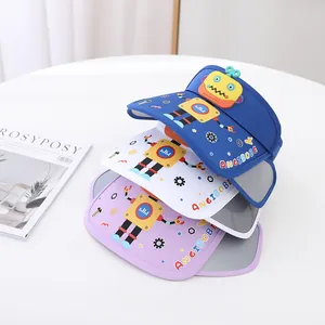 Three children's cartoon robot sun visors in blue, white and purple colors