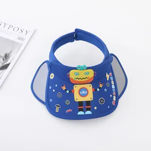 Close-up of kids' blue sun visor with cartoon robot and adjustable side shields