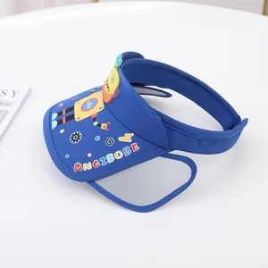 Detail view of children's blue sun visor featuring a robot pattern and foldable face shield