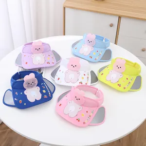 Detailed collection of children's cartoon sun visors in six vibrant colors on display