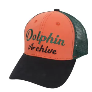 Kids color-block trucker hat with mesh back and Dolphin Archive letter embroidery