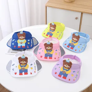 Detail of children's open-top sun hats in six colors with cartoon bear and side wings