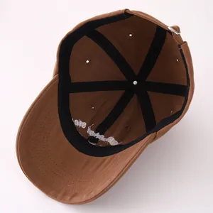 Detalle del interior de la gorra de algodón marrón con banda de sudor y costuras
