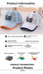 Close-up of breathable mesh sun hat for kids with COLL letter print and size specs
