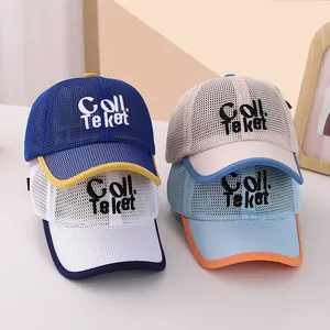 Detailed view of breathable mesh baseball caps for kids with Coll embroidery in four colors