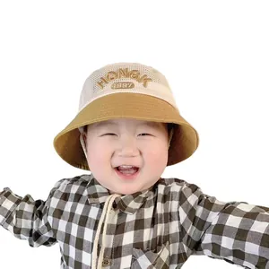 Kids breathable mesh sun hat with HONGK 1997 embroidery and khaki canvas brim