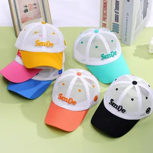 Close-up of multicolor mesh baseball caps featuring Smile embroidery and sun protection