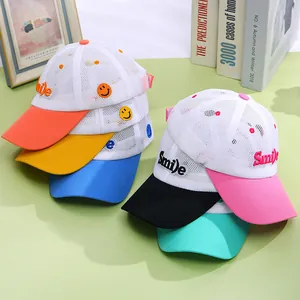 Kids breathable mesh baseball caps with Smile embroidery in multiple vibrant colors