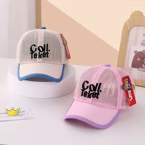 Close-up of mesh summer baby baseball caps with COLL embroidery and breathable fabric