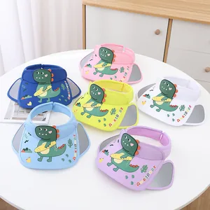 Detail of children's cartoon dinosaur sun visors in six vibrant colors for summer