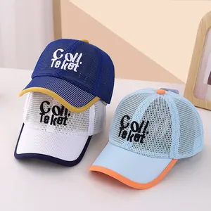 Close-up of children's mesh baseball caps with COLL letter embroidery and breathable mesh