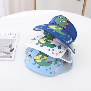 Three kids empty top sun hats with 3D cartoon dinosaur holding skateboard on the brims