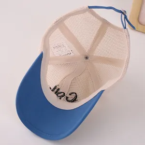 Detail of breathable mesh fabric and adjustable back strap on the baby baseball cap