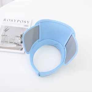 Detailed view of breathable light blue sun visor with mesh panel and side sun shields