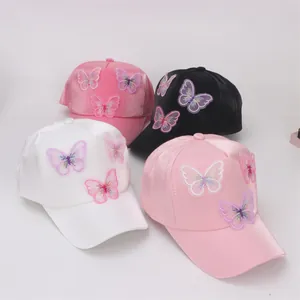 Kids satin butterfly baseball caps in vibrant colors with breathable mesh and cute embroidery