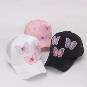 Breathable mesh baseball caps for kids with colorful butterfly embroidery in three colors