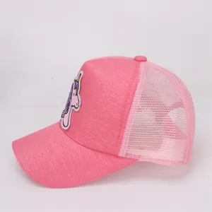 Pink cartoon unicorn baseball cap for girls with breathable mesh back and curved brim