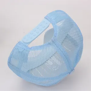 Detail view of the breathable light blue mesh and adjustable plastic snapback on the girls cap
