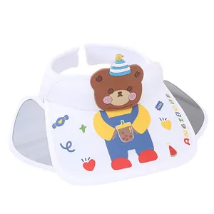 Kids white sun visor hat featuring a cute cartoon bear and side protective sun shields