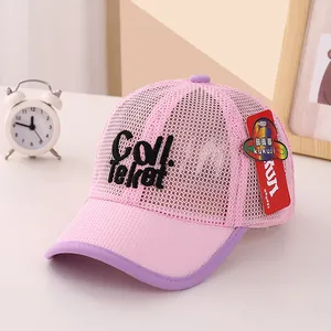 Detail of pink and purple breathable mesh baby sun hat with Coll Teket embroidery