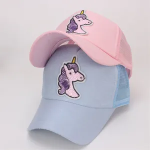 Kids pink and blue unicorn sequin mesh trucker hats for summer sun protection