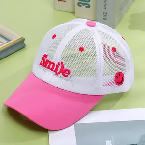 Breathable pink and white mesh baseball cap with Smile embroidery and smile patch for kids