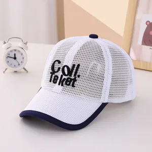 Close-up of white mesh baby baseball cap with blue trim and Coll embroidery