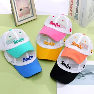 Kids Breathable Mesh Trucker Hat Summer Sun Protection Baseball Cap With Smile Face Embroidery For Boys Girls Adjustable