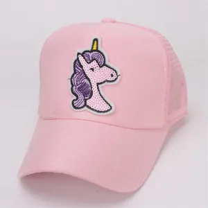 Detail of pink mesh trucker hat featuring shiny unicorn sequin embroidery for girls